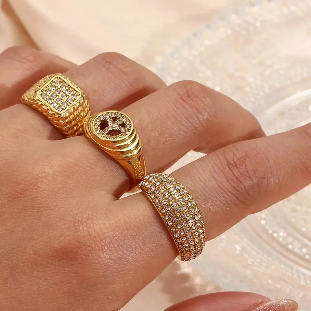 Luxury Micro Pave‎ Zircon Designer 18K Gold Plated Ring Stainless Steel